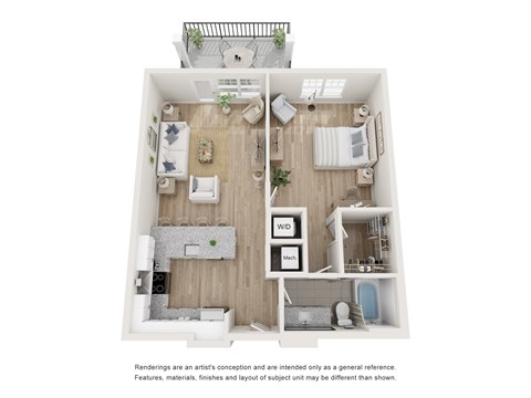 A floor plan of a small apartment with a living room, kitchen, and bathroom.